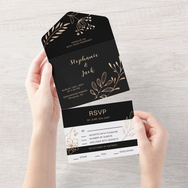 Black & Gold Leaf -Wedding  All In One Invitation (Tearaway)