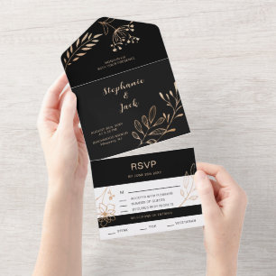 Black & Gold Leaf -Wedding  All In One Invitation