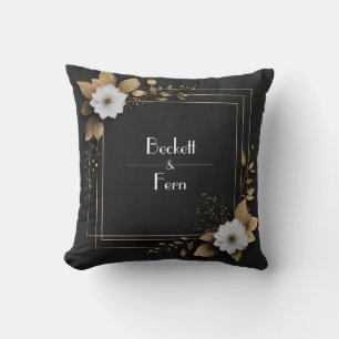 Black Gold Leaf White Flower Glamourous Modern Cushion