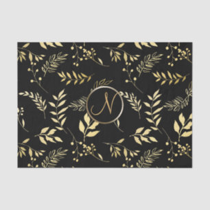 Black Gold Leaves Chic Monogram Letter Initial Tissue Paper
