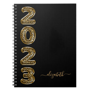 Black gold leopard animal monogram diary 2023 notebook