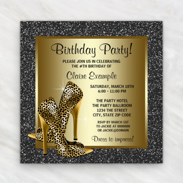 Black Gold Leopard High Heel Birthday Party Invitation (Black gold leopard shoe any occasion invitation. Instant download & printed invitations available.)