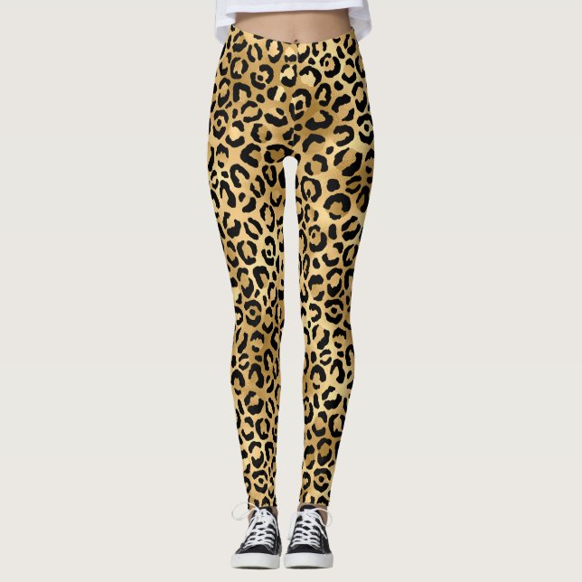 Black Gold Leopard Print Cheetah Animal Trendy Leggings (Front)