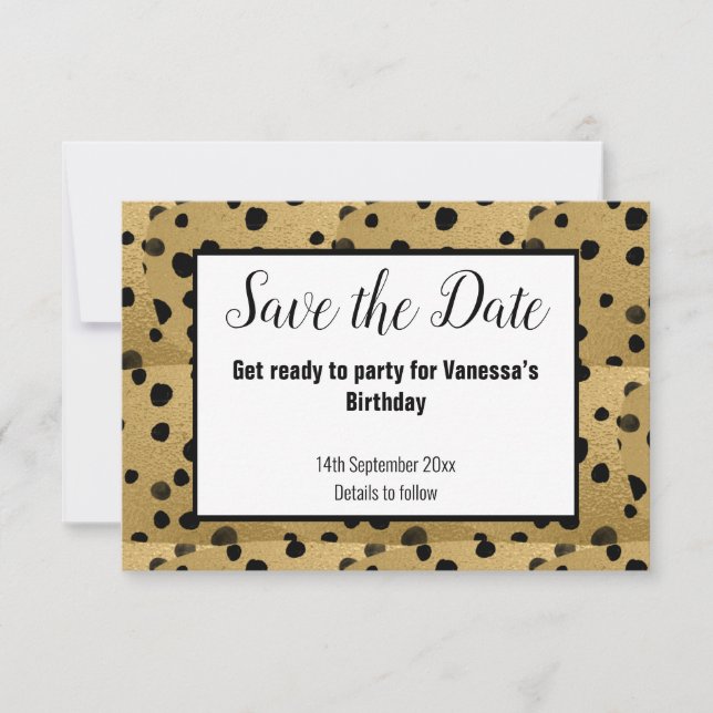 BLACK GOLD LEOPARD PRINT SAVE THE DATE ANNOUNCEMENT (Front)
