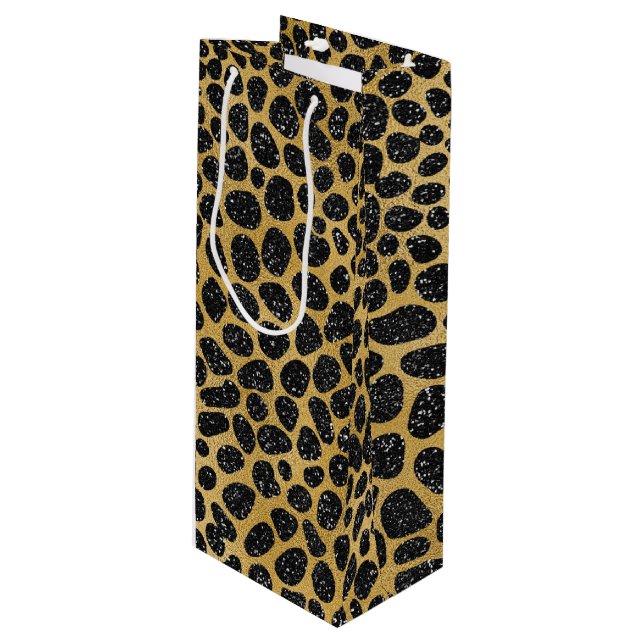 BLACK & GOLD LEOPARD SPOTS WINE GIFT BAG (Front Angled)