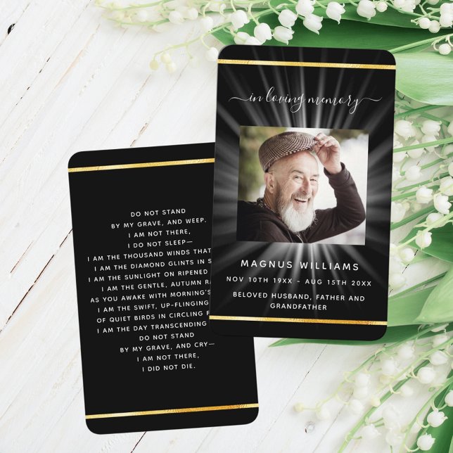 Black gold light photo funeral prayer card (Creator Uploaded)
