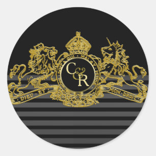 Black Gold Lion Unicorn Regal Emblem Monogram Classic Round Sticker
