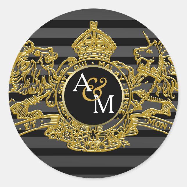 Black Gold Lion Unicorn Regal Emblem Monogram Classic Round Sticker (Front)