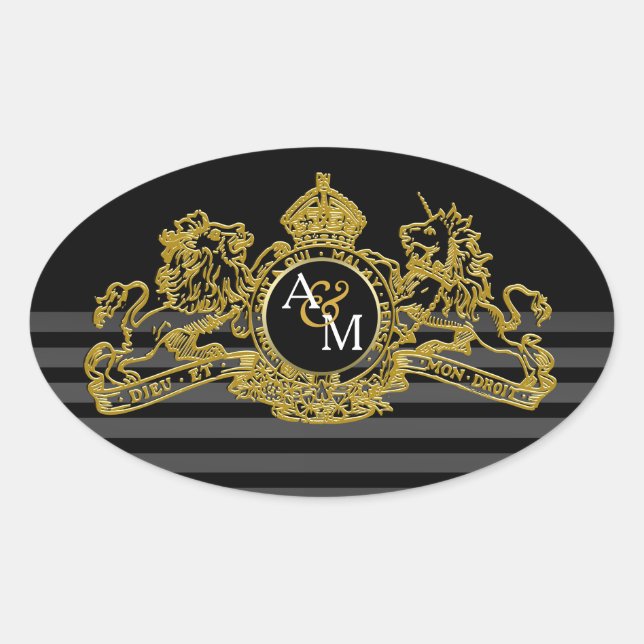 Black Gold Lion Unicorn Regal Emblem Monogram Oval Sticker (Front)