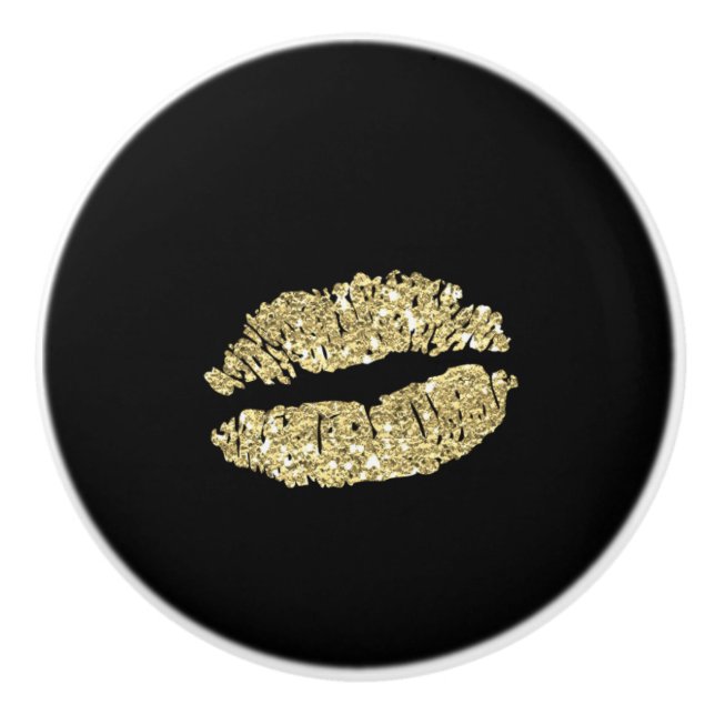 Black & Gold Lips Kiss Chic Glam Drawer Dresser Ceramic Knob (Front)