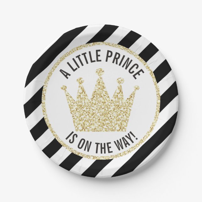 Black Gold Little Prince on the Way Baby Shower Paper Plate (Front)