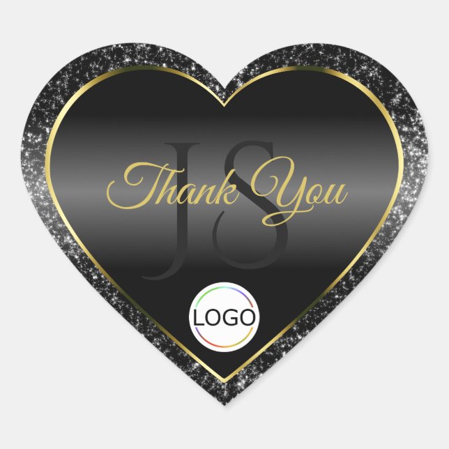 Black Gold Logo Initials Glitter Pretty Thank You Heart Sticker (Front)