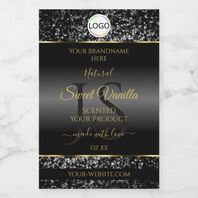 Black Gold Logo Initials Glitter Product Labels (Single Label)