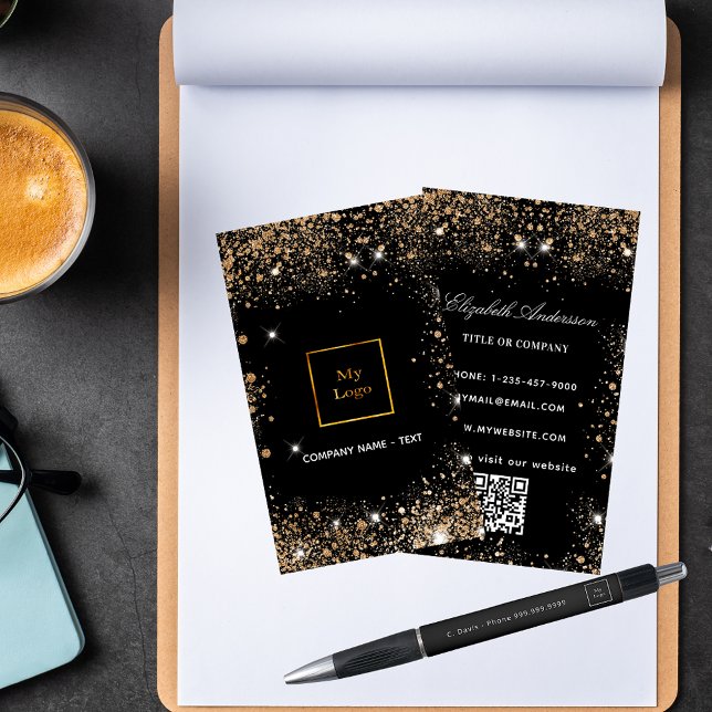 Black gold logo QR code vertical Business Card (Creator Uploaded)