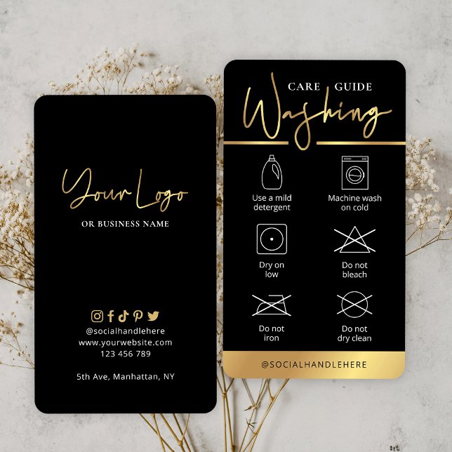 Black & Gold Logo Washing Care Instructions Business Card (Creator Uploaded)