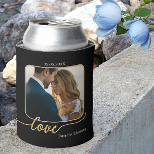 Black Gold Love Script Wedding Photo Can Cooler