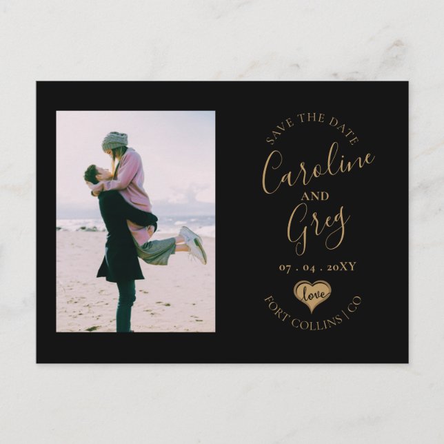 Black Gold Love Typography Photo Save the Date Announcement Postcard (Front)