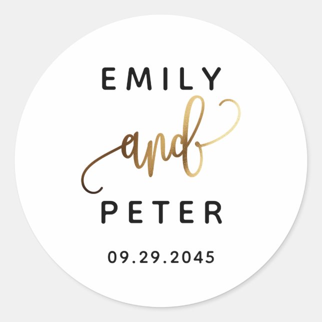 Black Gold Lovely Script Typography Wedding Classic Round Sticker (Front)