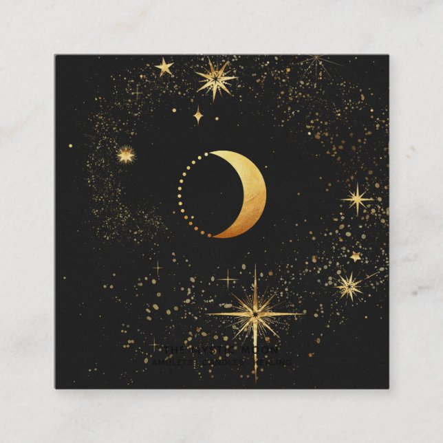 *~* Black Gold Luna Lunar Stars Mystic Moon Square Business Card (Front)