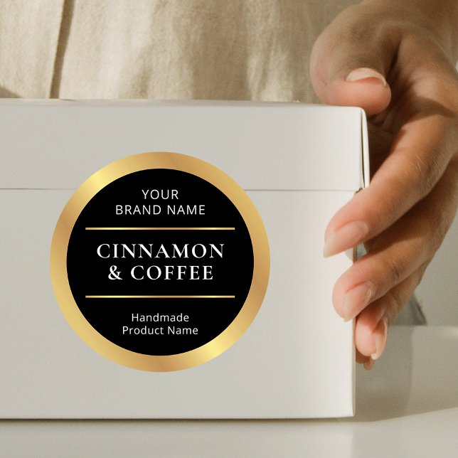 Black & Gold Lux Handmade Product Scent Name Classic Round Sticker (Elegant black and gold handmade product labels - perfect for any type of packaging or product)