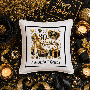 Black Gold Luxe 30th Birthday Party Pillow