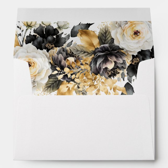 Black Gold Luxe Floral Wedding Return Address Envelope (Back (Bottom))