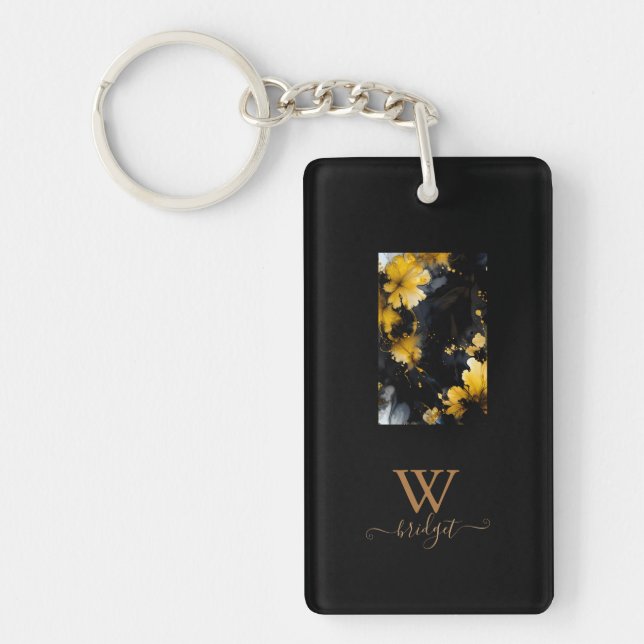 black gold luxury floral marble swirl  key ring (Front)