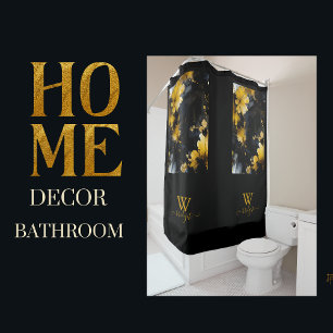 black & gold luxury floral marble swirl shower curtain