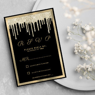 Black gold luxury glitter drips RSVP Invitation