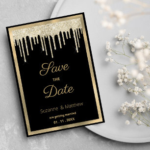 Black gold luxury glitter drips Save the Date Invitation
