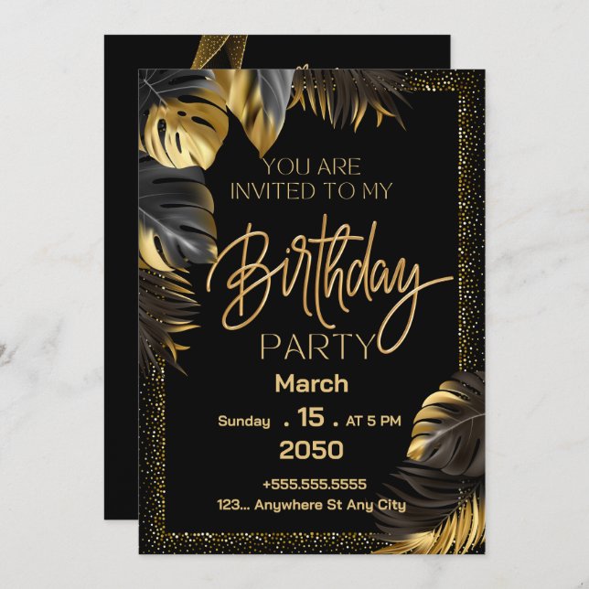 Black Gold Luxury Happy Birthday Party Invitation (Front/Back)