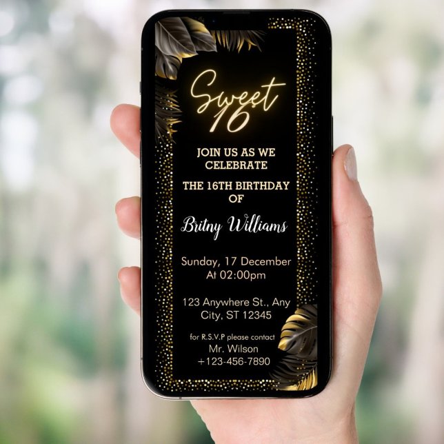 Black Gold Luxury Happy Sweet 16TH Birthday Party  Invitation (Creator Uploaded)