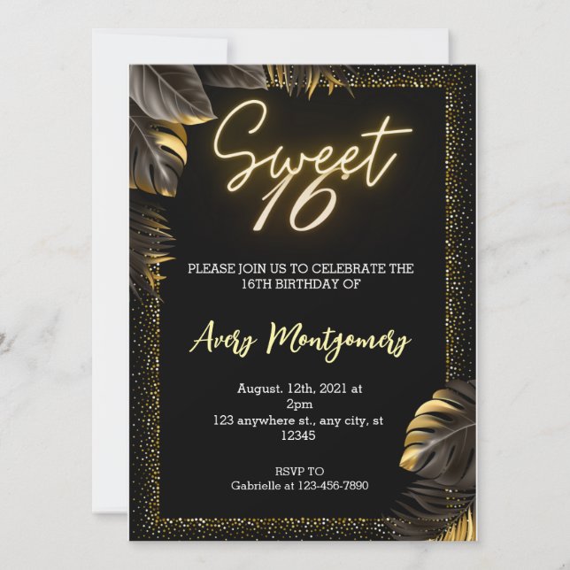  Black Gold Luxury Happy Sweet 16th Birthday Party Invitation (Front)