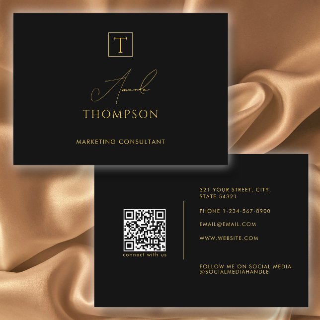 Black Gold Luxury Monogram Social Media QR Code  Business Card (Creator Uploaded)