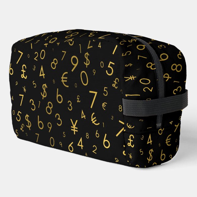 Black Gold Luxury Numbers Currency Symbols Pattern Dopp Kit (Left Corner)