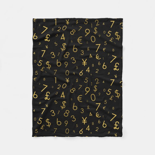 Black Gold Luxury Numbers Currency Symbols Pattern Fleece Blanket (Front)