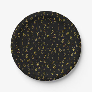 Black Gold Luxury Numbers Currency Symbols Pattern Paper Plate