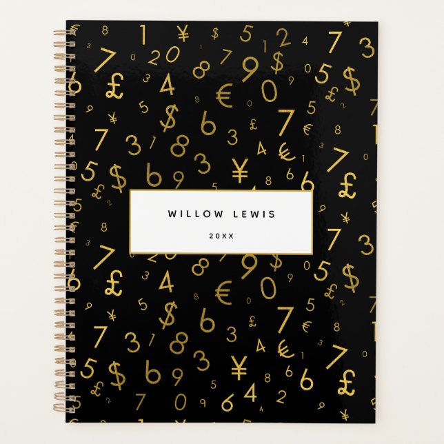 Black Gold Luxury Numbers Currency Symbols Pattern Planner (Front)
