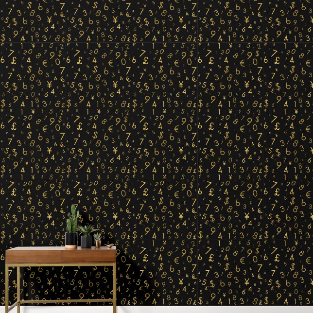 Black Gold Luxury Numbers Currency Symbols Pattern Wallpaper (Hallway)