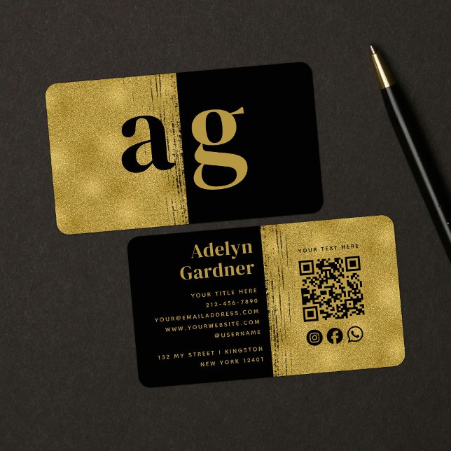 Black Gold Luxury QR Code Monogram Social Media Business Card (Creator Uploaded)