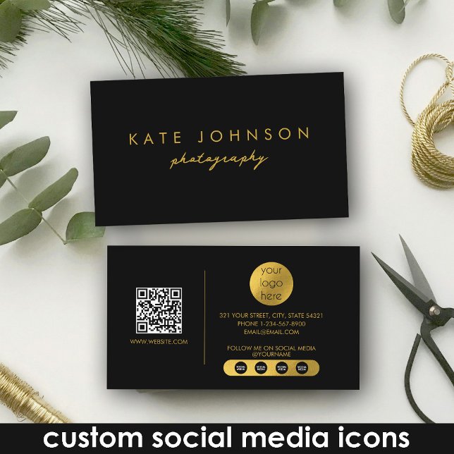 Black Gold Luxury Script QR Code Social Media Business Card (Black Gold Luxury Script QR Code Social Media Business Card)