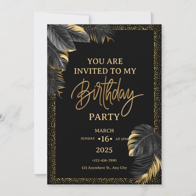 Black Gold Luxury Tropical Leaf Happy Birthday  Invitation (Front)