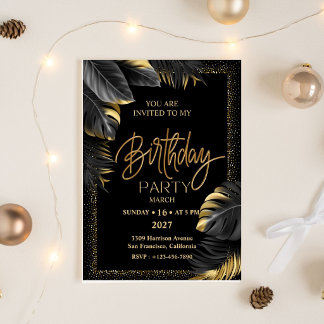Black Gold Luxury Tropical Leaf Happy Birthday Invitation