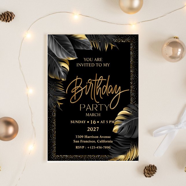 Black Gold Luxury Tropical Leaf Happy Birthday Invitation (Creator Uploaded)