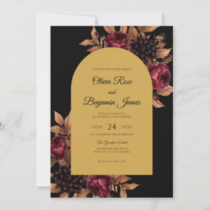 Black Gold Magenta Leaf Wedding Invitation