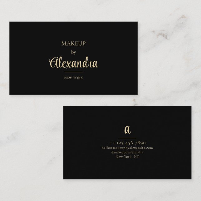 Black Gold Makeup Artist Elegant Script Monogram Business Card (Front/Back)