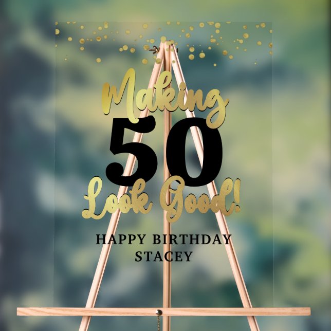 Black Gold Making AGE Look Good Name Confetti Acrylic Sign (Neutral)