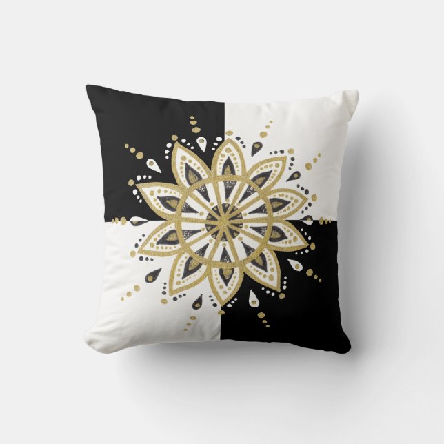 Black & Gold Mandala Modern Geometric Background Cushion (Front)