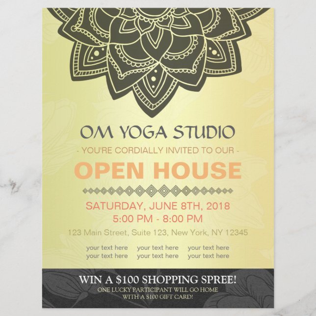 Black Gold Mandala YOGA Massage Therapy Open House Flyer (Front)