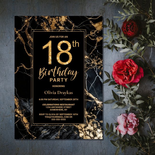 Black Gold Marble 18th Birthday Party Invitation (Creator Uploaded)